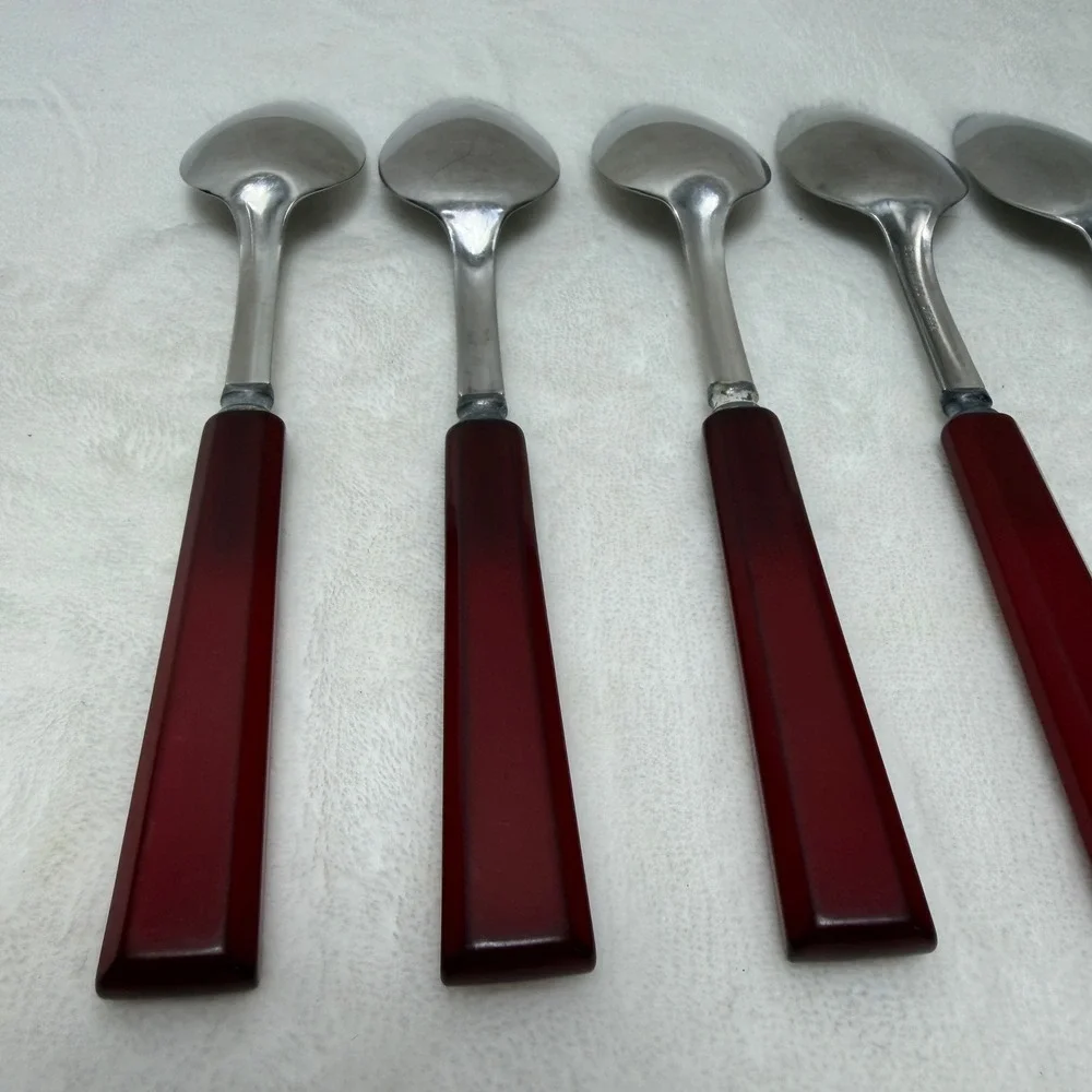 VTG Red Bakelite Handle Stainless Steel Spoons Set of 5‎ Mid-Century Art Deco